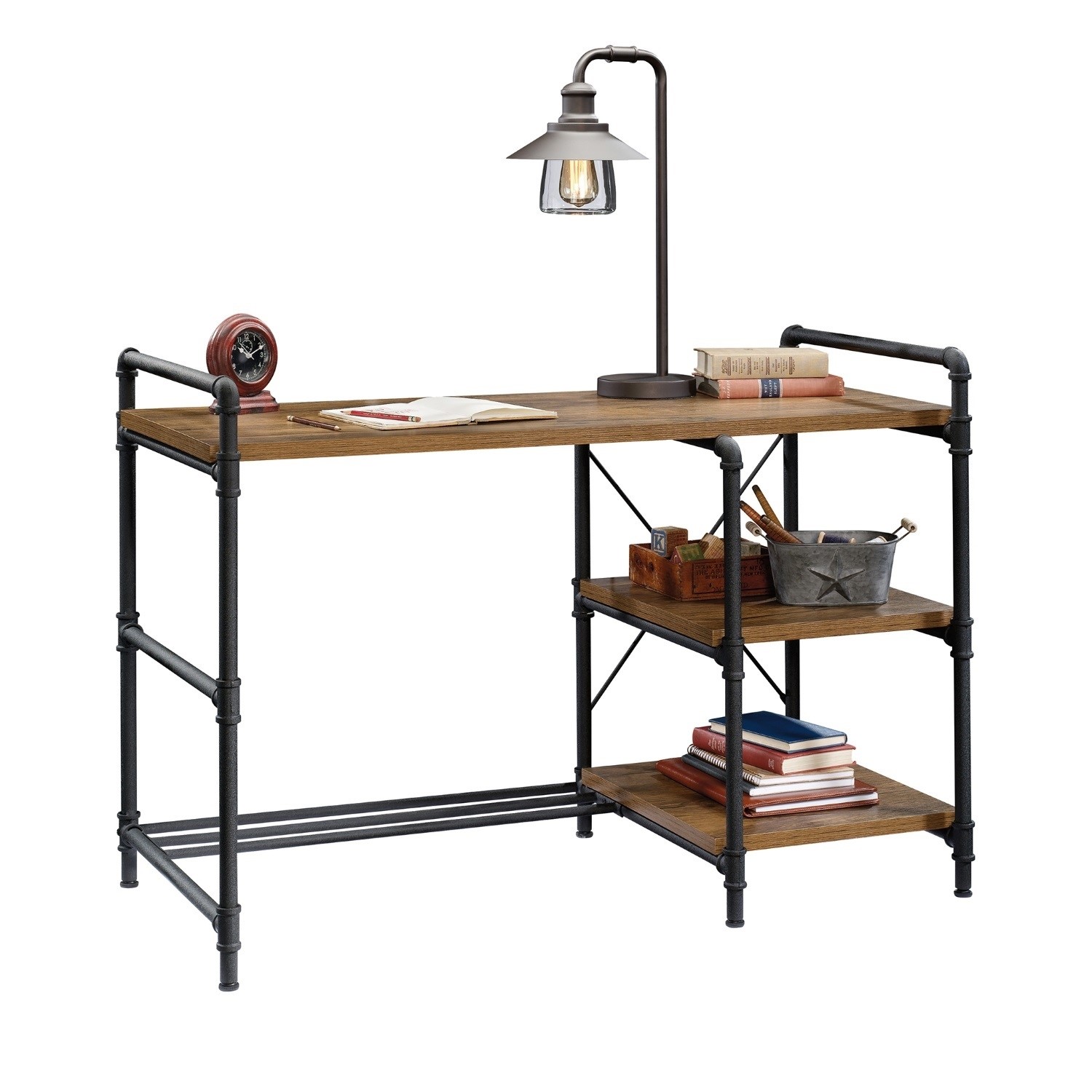 Read more about Oak effect industrial office desk with 2 shelves iron foundry teknik